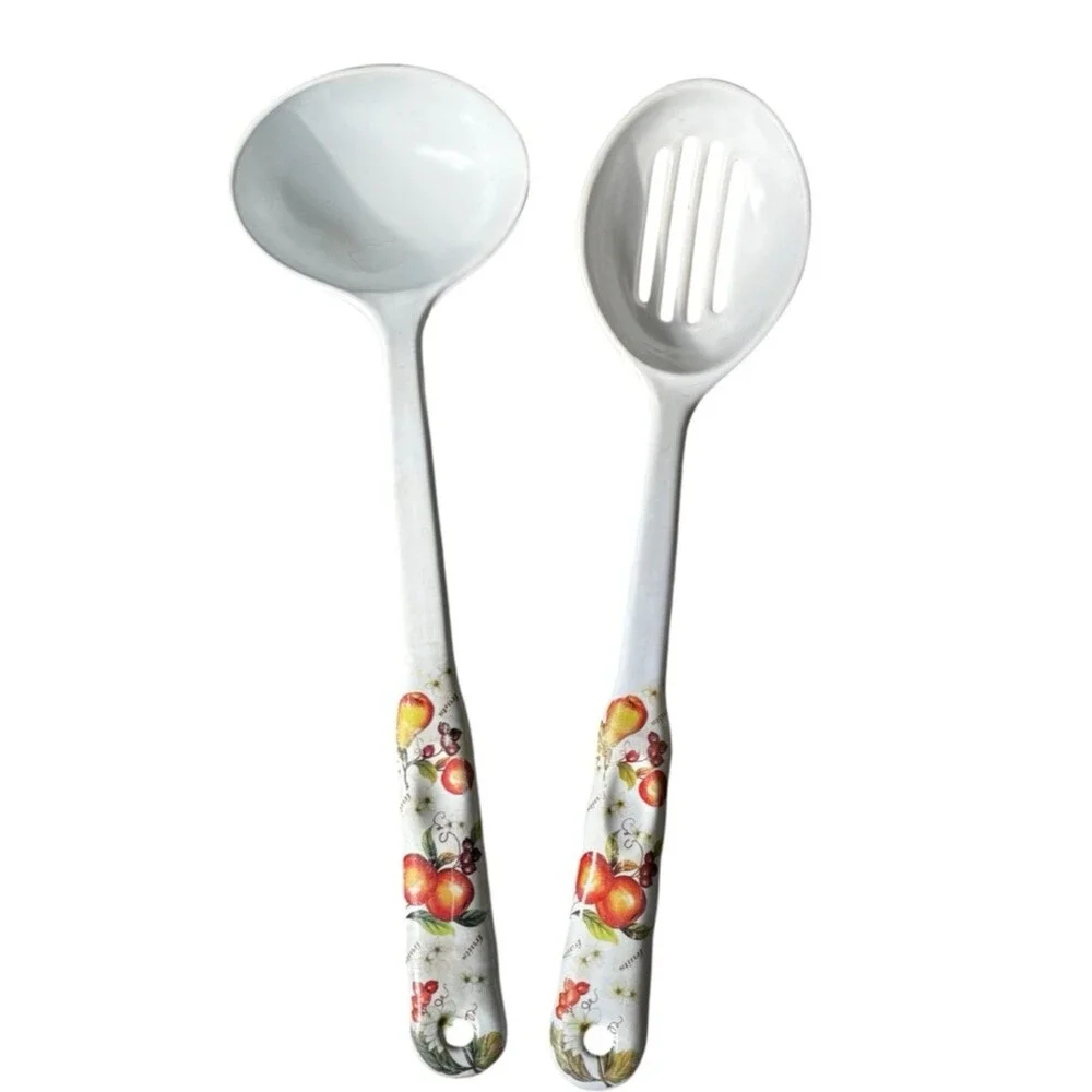 Set Of 2 Large Melamine Ware Kitchen Utensil Slotted/Serving Spoon Fruit Pattern